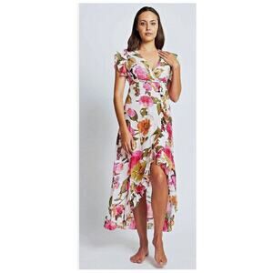DEBBIE KATZ South Beach Floral Wrap Maxi Dress Ruffle Gauzy Cotton Colorful Sz S